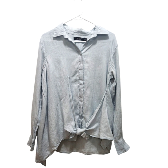 Lauren Ralph Lauren Women's Light Blue 100% Linen Blouse Faux Wrap Tie Size L - Picture 1 of 7